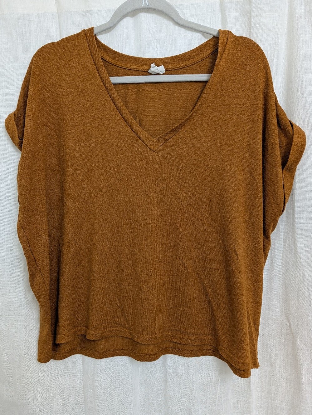 Mod Ref Rust Brown V Neck Sweater Knit Top Rolled Sleeve Women's Large